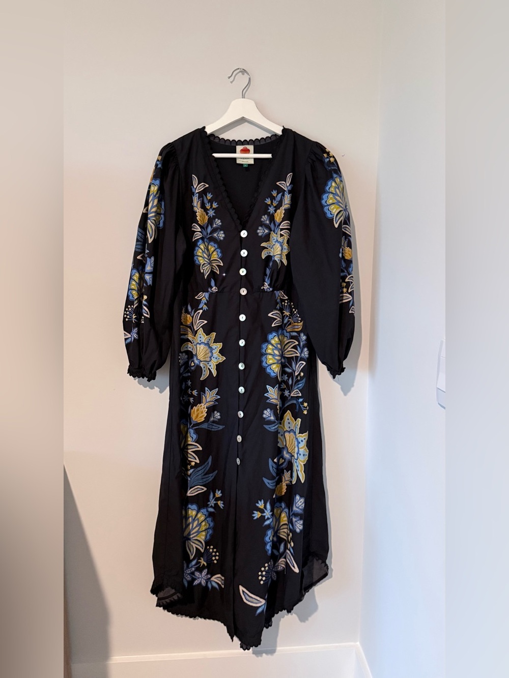 FARM Rio Stitched Garden Floral Black Midi Dress Fairycore Boho Women L Vacation - Picture 5 of 16